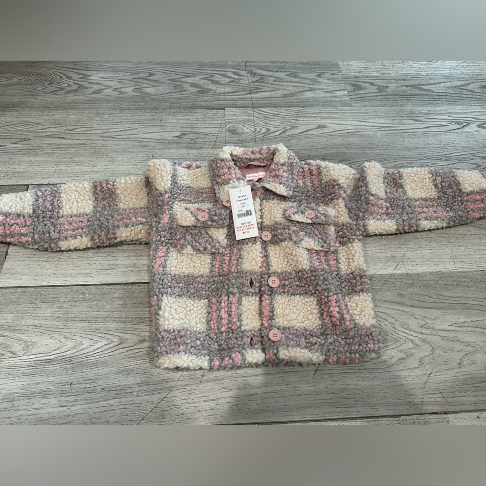 Design History Kids Sherpa Plaid Jacket in Pink, Cream & Gray